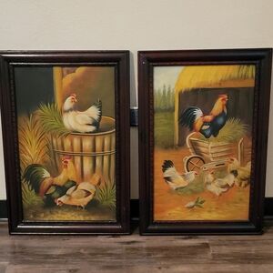 Charming Barnyard & Chickens Oil Paintings with Wood Frames. Vintage from 1970's